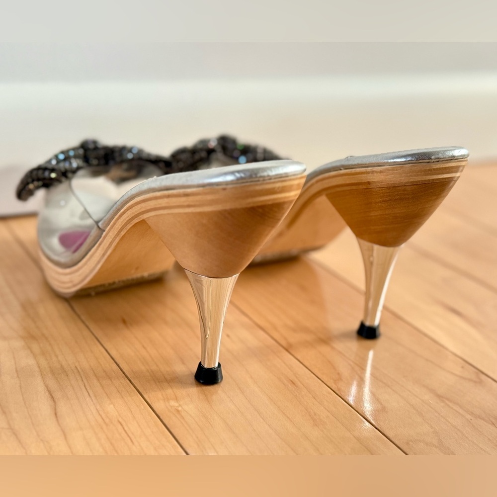 Betsey Johnson Polly Silver Heels with Black Rhinestone Bow - Picture 8 of 10
